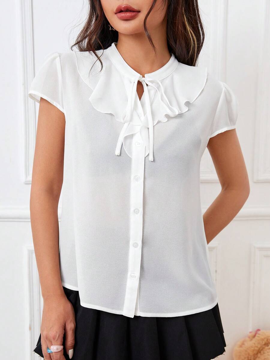 SHEIN Qutie Tie Neckline, Ruffle Trimmed, Half Sheer Chiffon Blouse - White - View 1