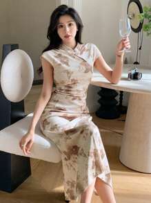 DAZY Mới Phong cách Trung Quốc Hoa Giường đôi Váy chữ A - Màu be - Xem 5