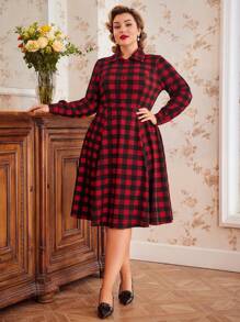 SHEIN DECDS Plus Size長袖格紋襯衫裙 - 紅色 - 查看 6