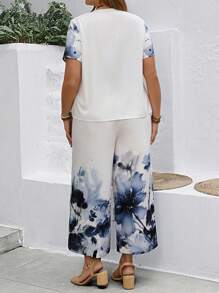 EMERY ROSE Conjunto de Dos Piezas de Mujer Talla Grande con Blusa de Manga Corta Estampada Floral y Pantalón de Pierna Ancha para Primavera y Verano - Multicolor - Ver 2