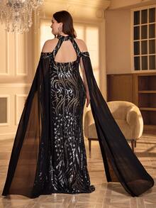 UNITHORSE 大码女式亮片拼接雪纺飘逸连衣裙 - 黑色 - 查看 2