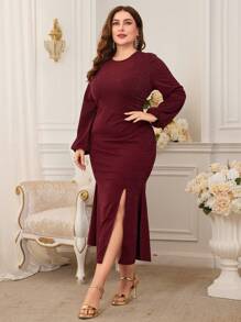 Modelyn Burgundy Red Plus Size Lantern Sleeve High Slit Dress Long Evening Dresses - Burgundy - View 4