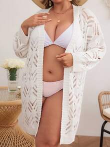 SHEIN VCAY 女款大碼空心白色長袖沙灘外套,適用於夏季 - 白色 - 查看 5