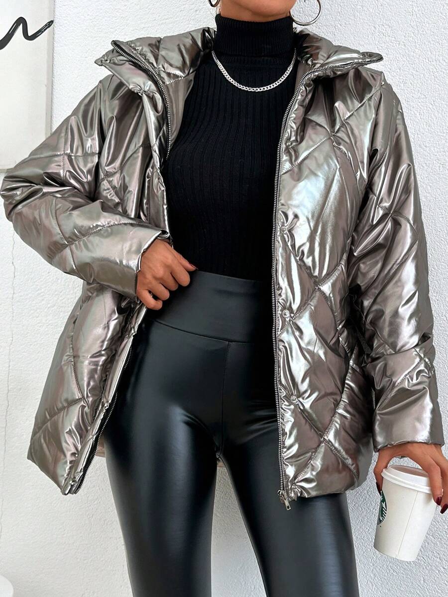 SHEIN Cottnline Women's Zipper Front Long Sleeve Puffer Coat - Silver - View 1