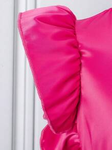 SHEIN Young Girl'S V-Neck Ruffle Trim Decorated Dress - Hot Pink - View 3