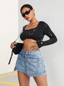 SHEIN PETITE Women's Denim Skort With Front Button - Blue - View 6