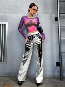 SHEIN ICON 女款y2k紫色網紗短上衣,人體印花圖案 - 彩色 - 查看 5