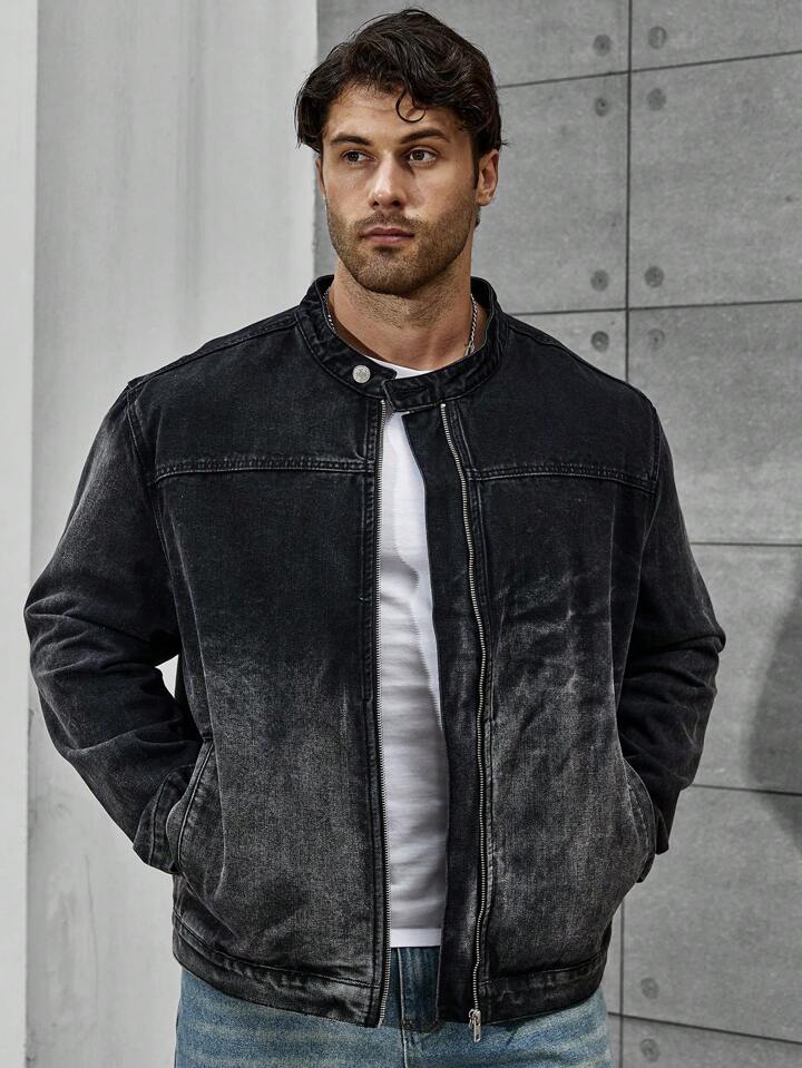 Mens denim jacket with zipper front sale