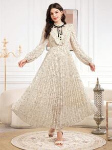 Modelyn Của phụ nữ Hình vết tròng Polka Đầm Với Ruffled Đường viền cổ áo Và Thắt lưng Eo - Màu be - Xem 5