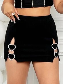 SHEIN ICON Plus Size Low Rise Rhinestone Heart & Circle Decorated A-Line Skirt