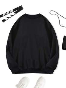 SHEIN EZwear Ladies' Solid Color Round Neck Sweatshirt - Black - View 1
