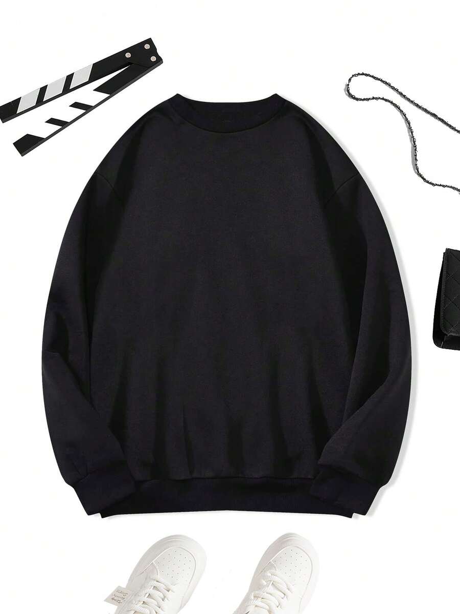 SHEIN EZwear Ladies' Solid Color Round Neck Sweatshirt - Black - View 1