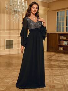 Chiffon Splice Sequin Flared Sleeve Formal Dress - Black - View 3