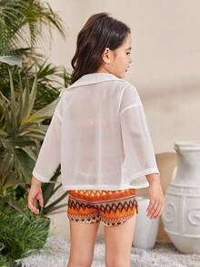 SHEIN 年輕女孩的3入組/套,編織雪紡休閒襯衫 +針織背心 +針織寬鬆短褲 - 彩色 - 查看 2