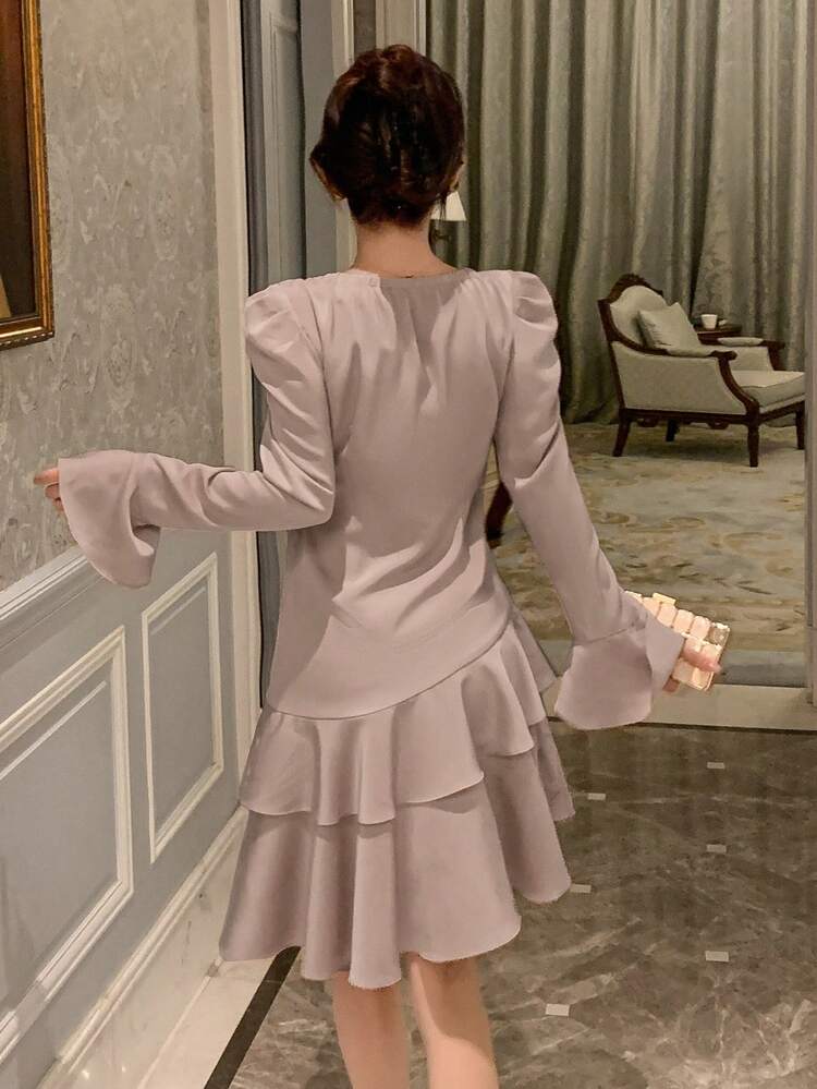 Women'S Square Neckline Flared Sleeve Dress, Birthday Prom Dress,Ruffle,Mini Dress,Fall Dress Long Sleeve Dress