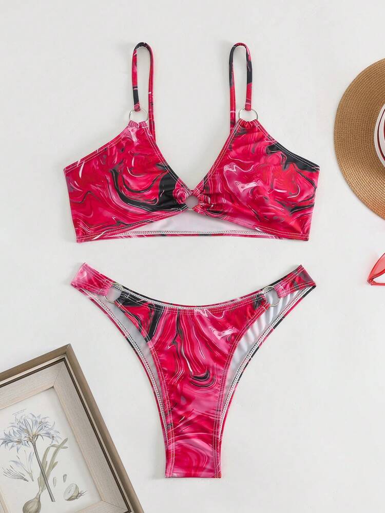 Summer Random Printed Bikini Set With Circular Ring Decoration Valentine