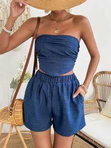 Breezaya Women'S Sleeveless Ruched Bandeau Top And Shorts Two-Piece Set - Blue - View 1
