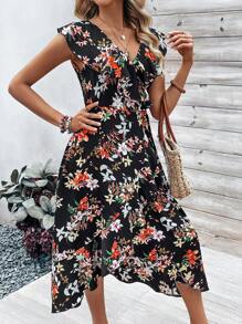 SHEIN Frenchy 女式时尚迷你盖袖荷叶边下摆连衣裙 - 黑色 - 查看 6