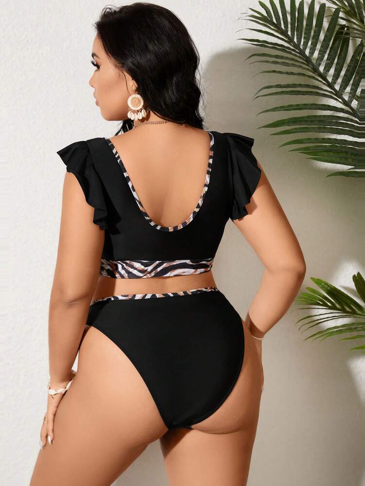 Summer Plus Size Leopard Print Splicing Swimwear Set