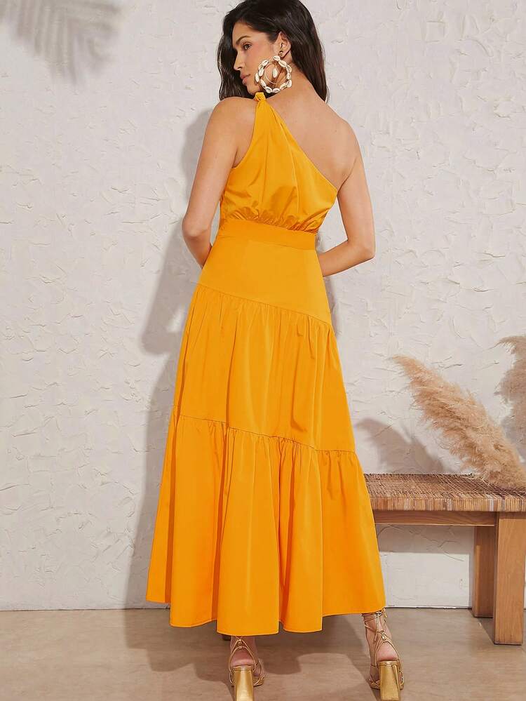 One Shoulder Knot Tiered Hem Dress For Summer Vacation