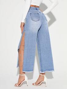 SHEIN Privé Denim Jeans With Rhinestone Chain Decoration, Split Side Hem And Frayed Bottom - Light Wash - View 3