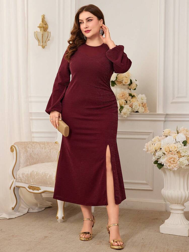 Burgundy Red Plus Size Lantern Sleeve High Slit Dress Long Evening Dresses