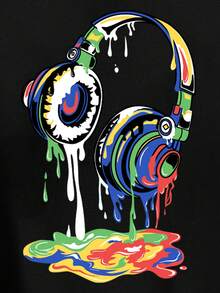 Teen Boys' Casual Simple Earphone Pattern Long Sleeve Sweatshirt, Suitable For Autumn And Winter - Black - View 3