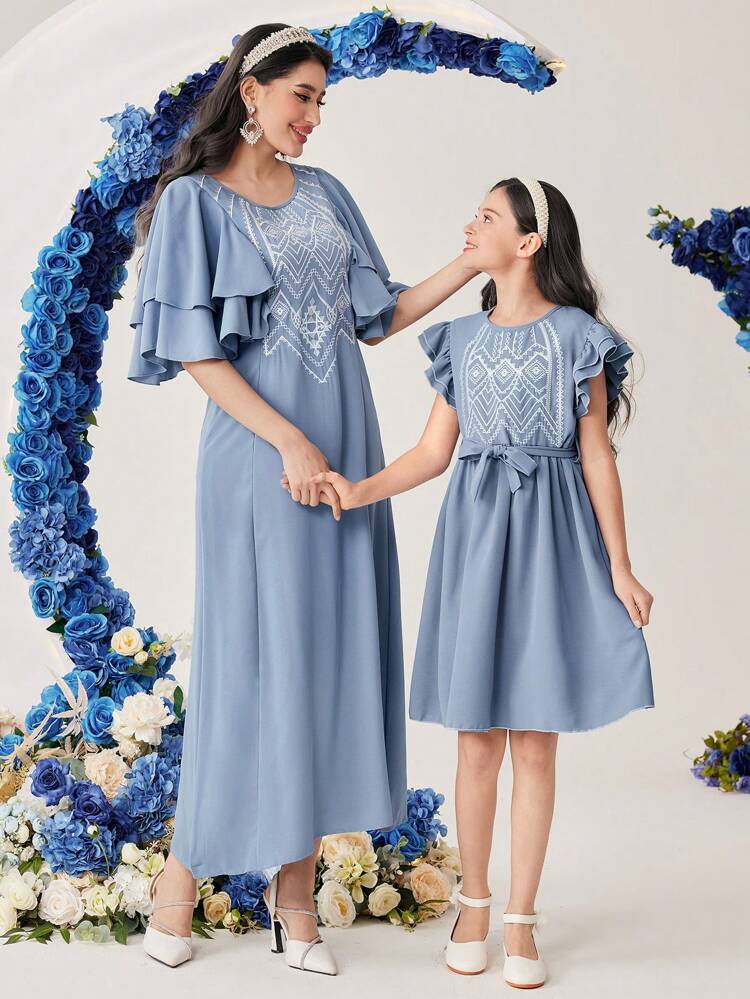 Women's Geometric Embroidery Patchwork Ruffle Trim Dress