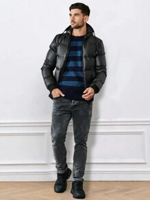 EURMUSE Men Zip Up Drawstring Hooded Puffer Coat - Black - View 7