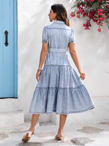 SHEIN VCAY Women's Loose-Fitting Denim Dress With Puff Sleeves And Turn-Down Collar In College Style - Light Wash - View 3
