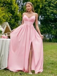 SHEIN Belle Màu thuần Cổ chữ V Hai Dây Phù dâu Với Khe Và Dây thắt lưng - Hồng - Xem 5