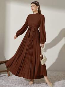Modelyn Women's Long Sleeve Stand Collar Pleated Hem Modest Dress Long Evening Dresses - Coffee Brown - View 5
