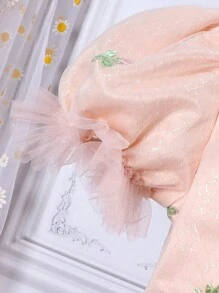Vestido De Manga Abombada Con Corte Medio Y Bordado De Pequeñas Flores Y Malla Para Niñas Adolescentes - Rosa - Ver 3