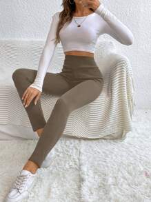 SHEIN Frenchy 純色高腰長打底褲 - 灰色 - 查看 1