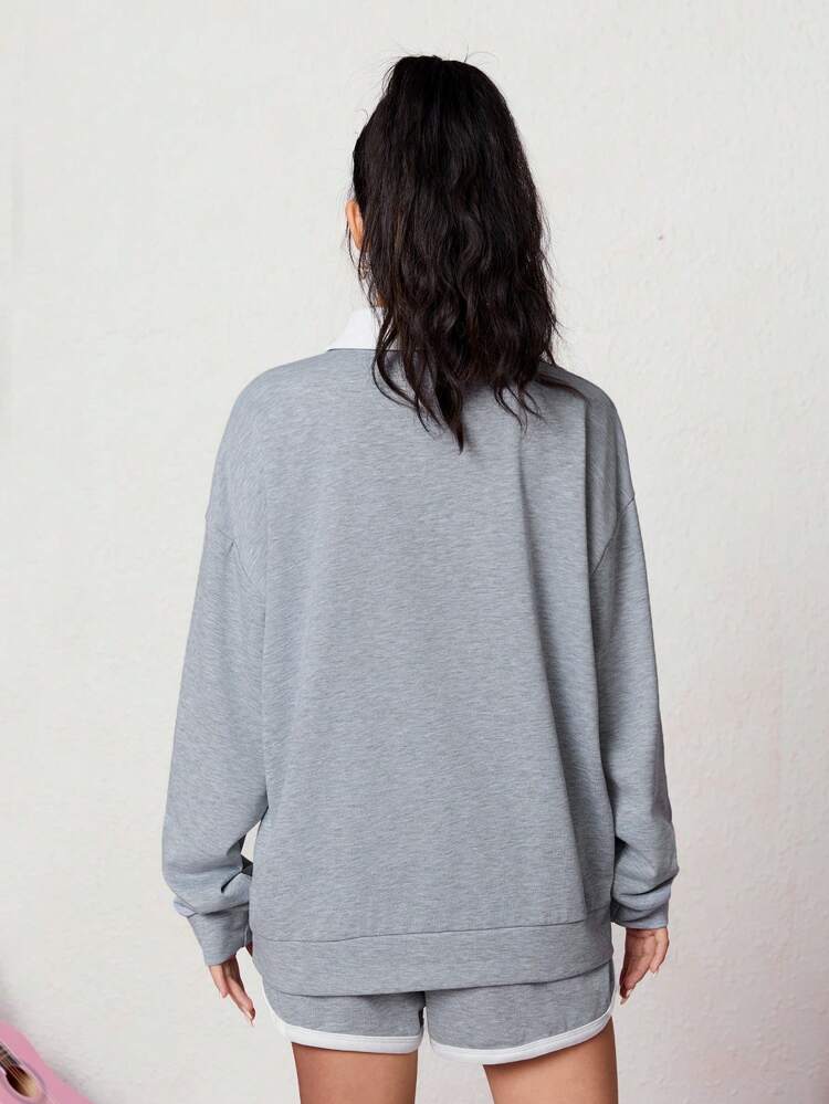 Contrast Polo Collar Long Sleeve Sweatshirt And Shorts Set