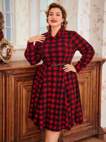 SHEIN DECDS Plus Size長袖格紋襯衫裙 - 紅色 - 查看 3