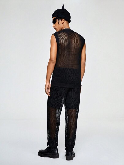 ROMWE Avant Men'S Solid Color Hollow Out Knit Sweater Set
