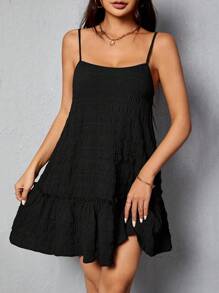 SHEIN PETITE 女款純色無袖吊帶連身裙 - 黑色 - 查看 3