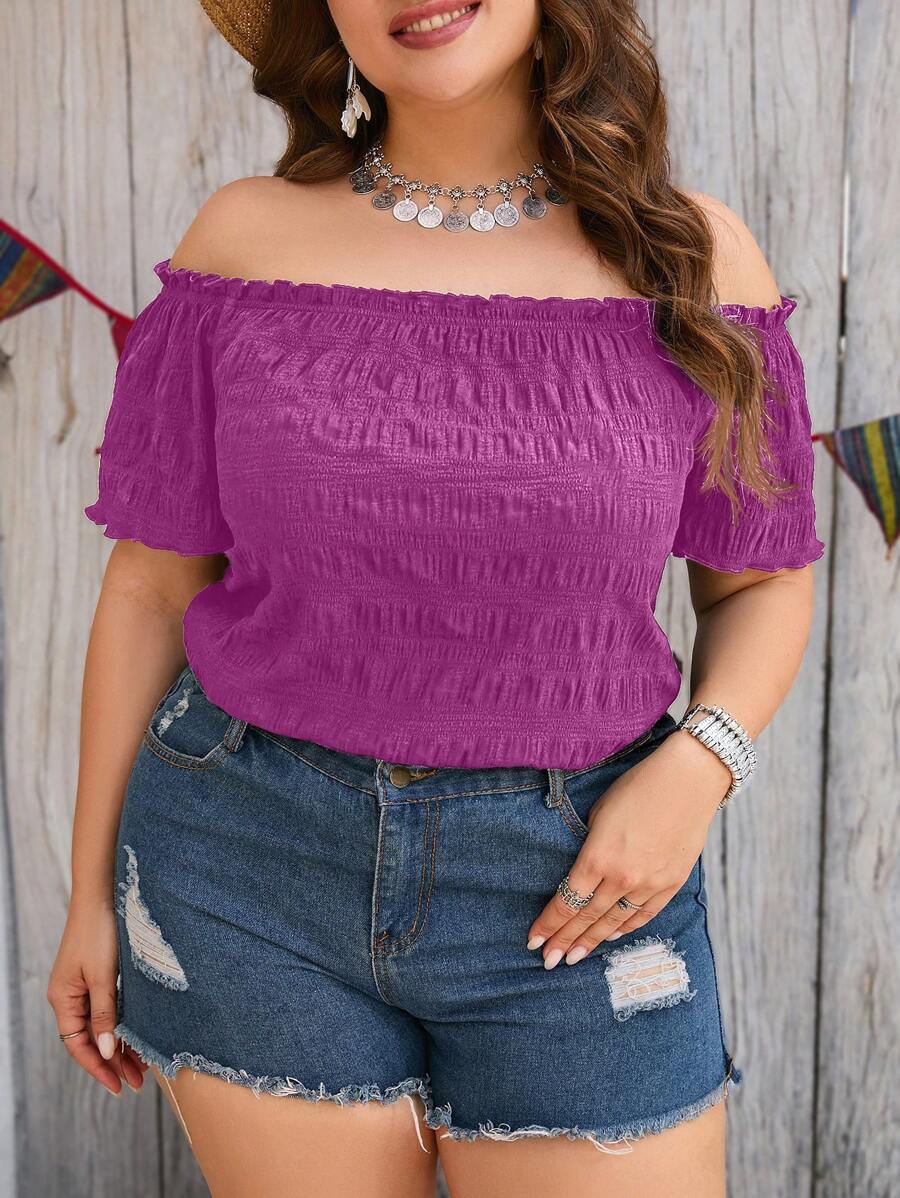 SHEIN Clasi Blusa Con Hombros Descubiertos De Color Liso De Talla Grande - Rojo violeta - Ver 1