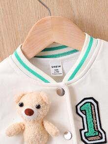 Baby Boys' Bear Decoration Color Block Striped Baseball Jacket - Green - View 3