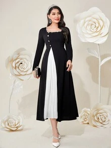 Modelyn Vestido De Mujer Con Aplique De Piedra De Diamante Del Cuello Cuadrado Y Pliegue De Bloque De Color - Blanco y Negro - Ver 5