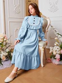 SHEIN Vestido Largo Casual Para Adolescente Con Ribete De Volantes Tejidos - Celeste - Ver 3
