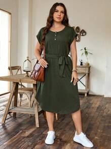 SHEIN LUNE Đầm chữ A cổ tròn tay cánh dơi thường ngày cỡ lớn cho nữ có dây buộc eo, trang phục mùa hè - xanh quân đội - Xem 6