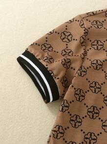 SHEIN Young Boys' Daily Comfortable Fashionable Printed Polo Collar Short Sleeve Romper, Spring/Summer - Brown - View 4
