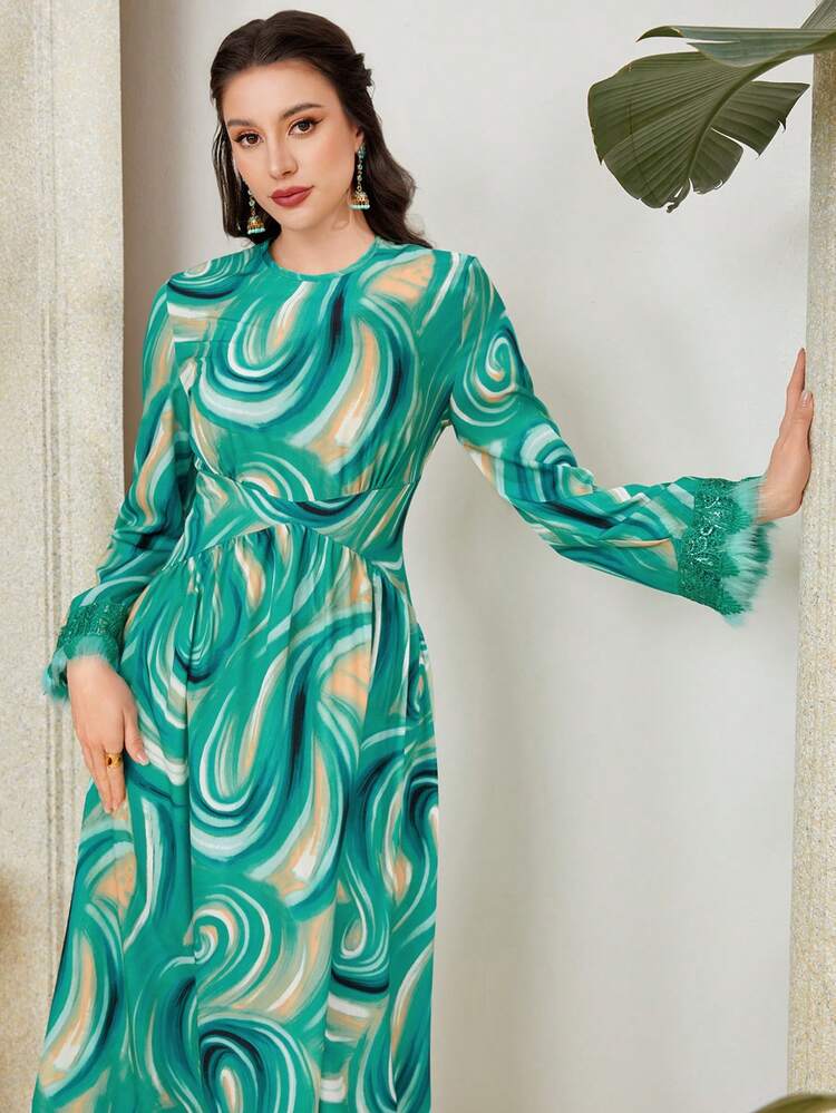 Tie-Dye Lace Hem And Puff Sleeve Dress