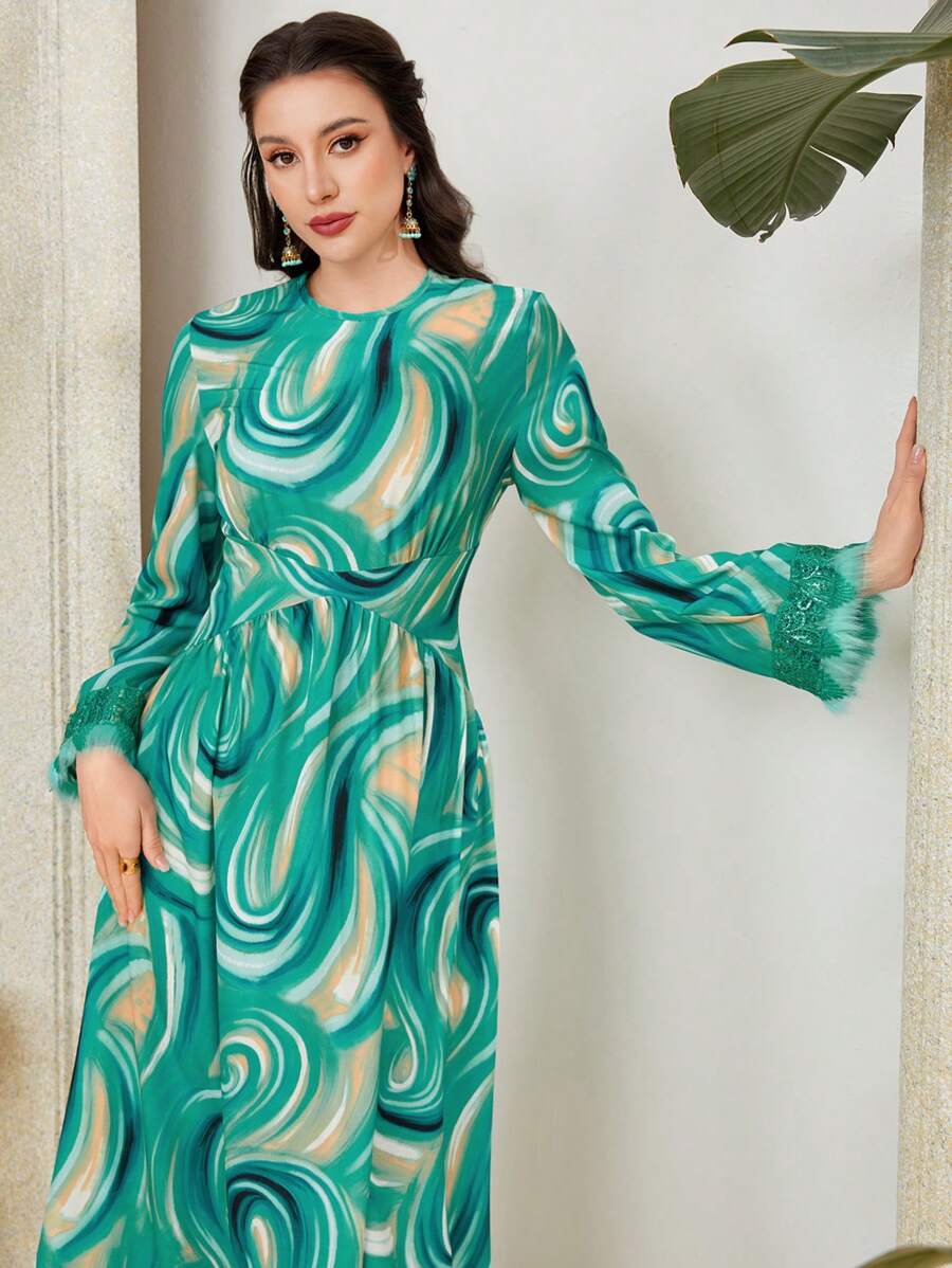 Seusyu Tie-Dye Lace Hem And Puff Sleeve Dress - Multicolor - View 1