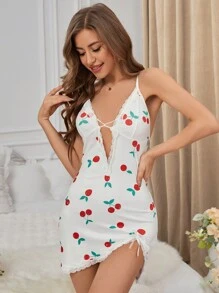 Vestido De Dormir Sin Mangas Con Diseño De Cereza - Blanco - Ver 6