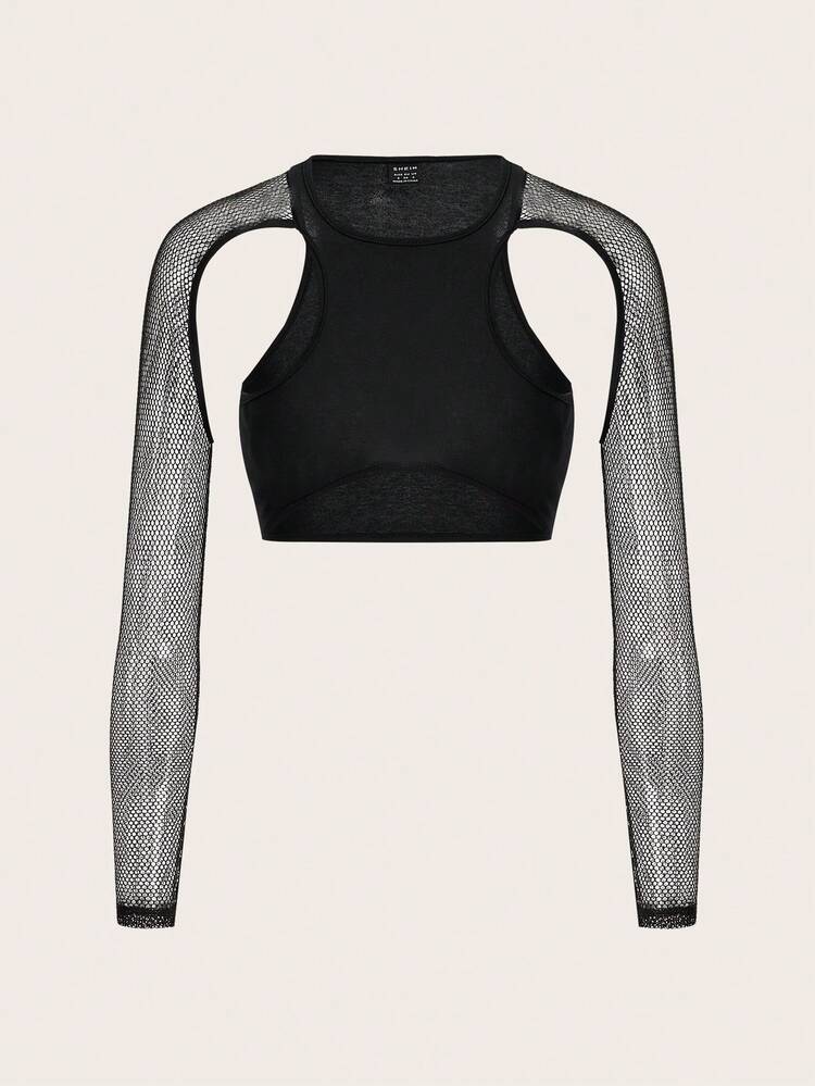 Mesh Contrast Hollow Out Cropped Y2K Cropped Black Spring Going Out Top