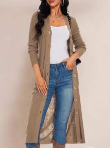 Solid Extra Long Button Knit Cardigan - Camel - View 1