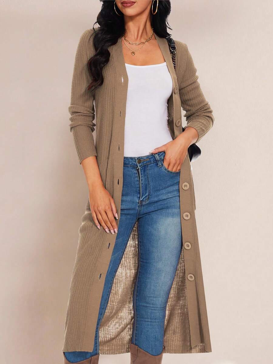 Solid Extra Long Button Knit Cardigan - Camel - View 1